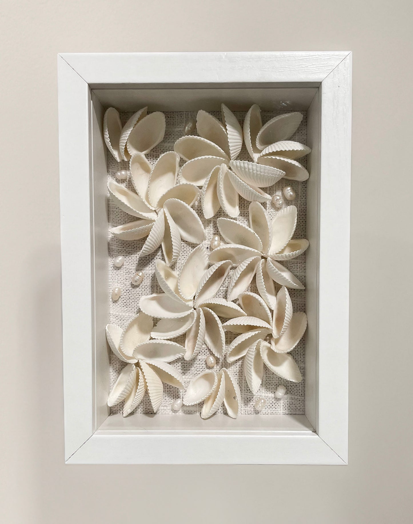 Birdie III – White Seashell Floral Shadow Box Wall Art