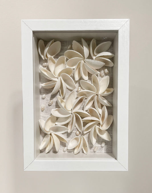 Birdie III – White Seashell Floral Shadow Box Wall Art