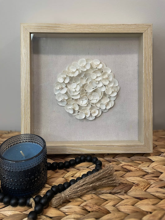 Handcrafted White Seashell Flower Wall Art - Coastal Home Décor in Natural Wood Frame